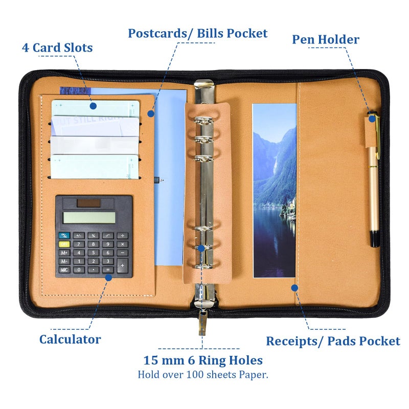SAYEEC Executive Conference Folder A5 Zipped Portfolio Binder Faux Leather Padfolio Refillable Business Notebook Organizer with Calculator Loose Leaf Paper Gift for Man Women - Image 2